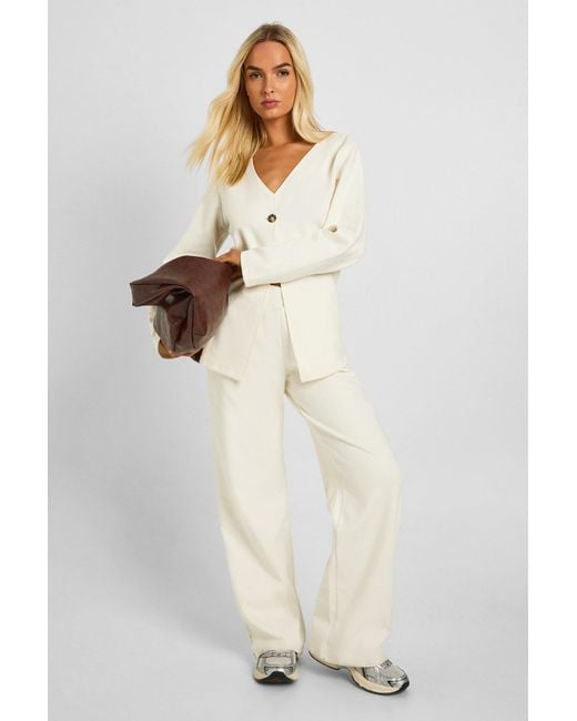 Boohoo White Interlock Balloon Sleeve Button Detail Cardigan And Trouser Co-Ord