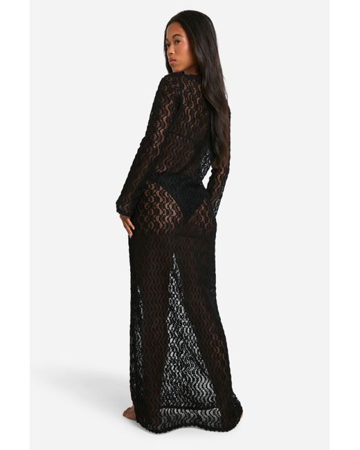 Boohoo Black Textured Lace Beach Maxi Cover-up Dress