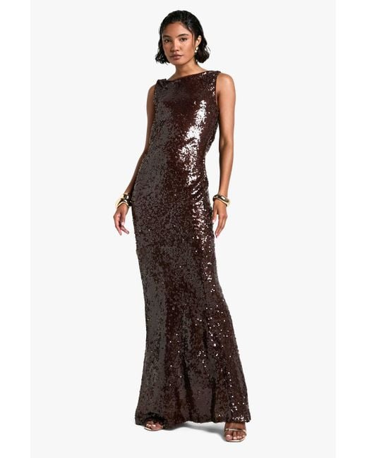 Boohoo Brown Tall Extreme Cowl Back Sequin Maxi Dress