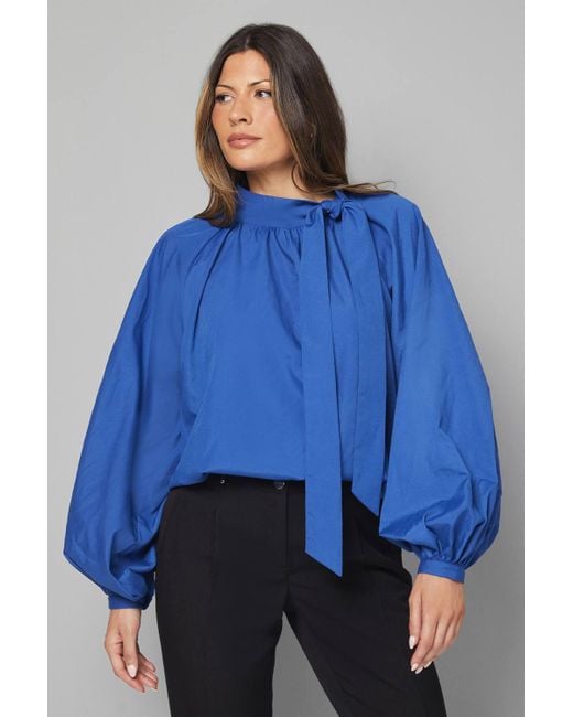 Wallis Blue Woven Tie Neck Balloon Sleeve Blouse