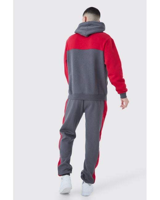 BoohooMAN Red Man Roman Tape Colour Block Hooded Tracksuit for men