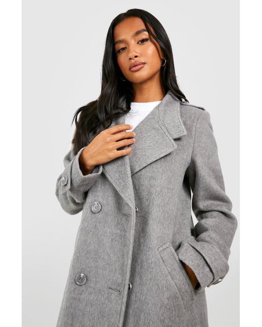 Boohoo Petite Collar Detail Double Breasted Wool Maxi Coat in Grey | Lyst UK