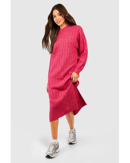 Boohoo Red Chunky Rib Soft Knitted Midi Dress