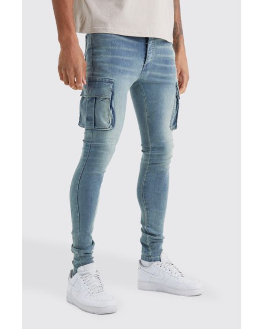 BoohooMAN Tall Super Skinny Cargo Jeans in Blue für Herren