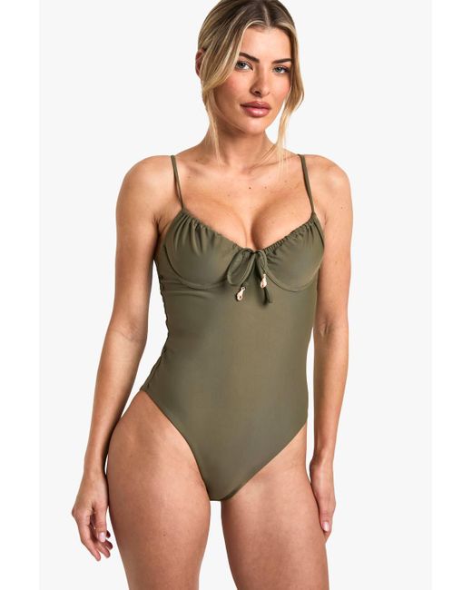 Boohoo Women's Green Shell Trim Ruched Cup Tie Front Underwired Swimsuit