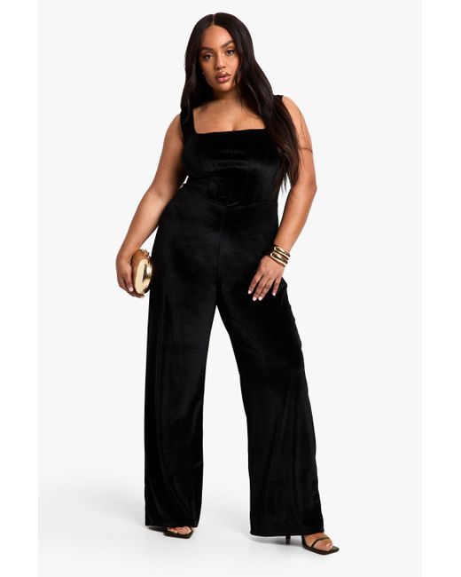 Boohoo Black Plus Velvet Corset Detail Wide Leg Jumpsuit