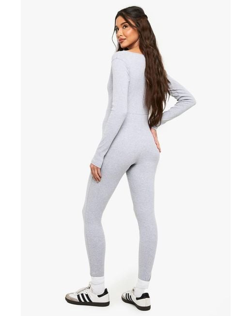 Boohoo Gray Basic Rib Plunge Unitard Jumpsuit