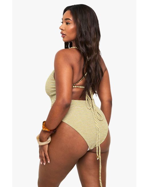 Boohoo Green Plus Textured Stripe Scoop Bathing Suit