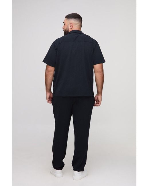 Boohoo Blue Plus Herringbone Jersey Regular Shirt And Tapered Trouser Set