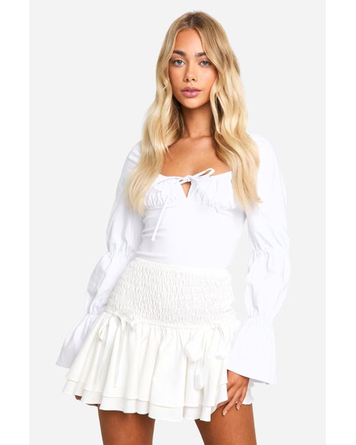 Boohoo White Shirred Waist Ribbon Bow Mini Skirt