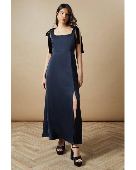 Oasis Blue Occasion Velvet Tie Shoulder Maxi Dress