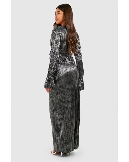 Boohoo Gray Metallic Plisse Ruffle Maxi Dress