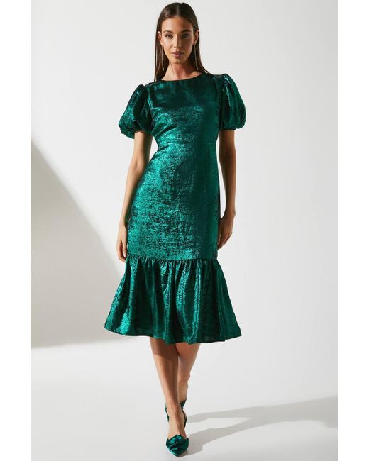 Coast Green Petite Puff Sleeve Flute Hem Metallic Midi Dress