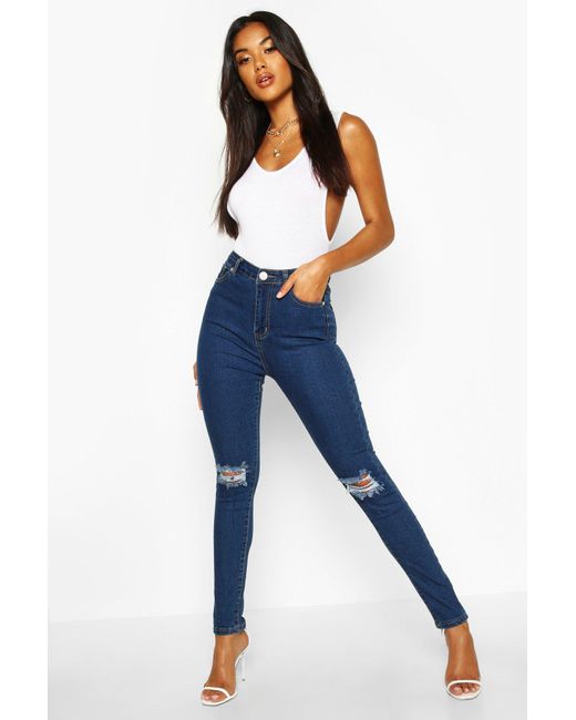 Boohoo Denim High Waist Distressed Skinny Jeans in Blue - Lyst