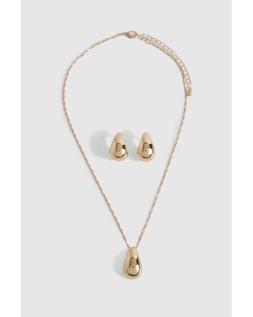 Boohoo White Gold Chunky Tear Drop Necklace & Earring Set
