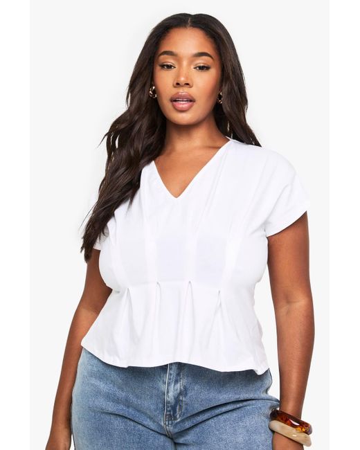 Boohoo White Plus Seam Detail Cotton Peplum Top