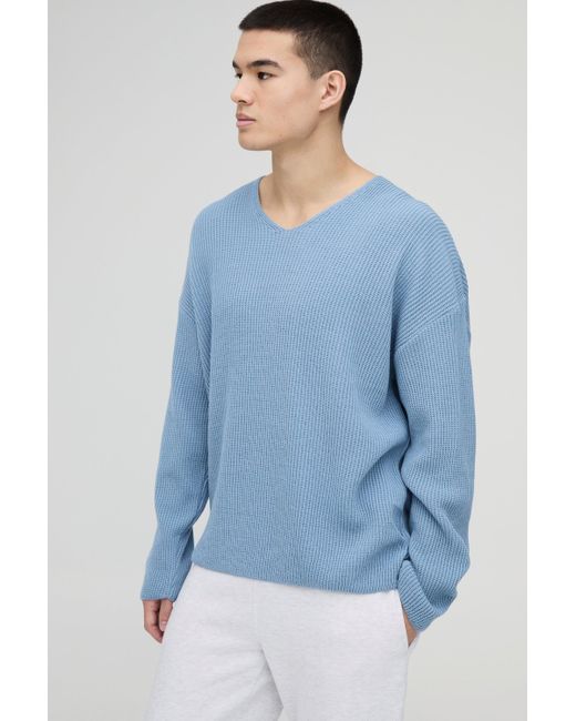 BoohooMAN Gerippter Oversize Strick-Pullover mit V-Ausschnitt in Blue für Herren