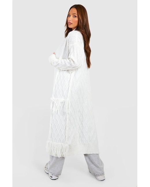 Boohoo White Tall Fringe And Cable Detail Midaxi Cardigan