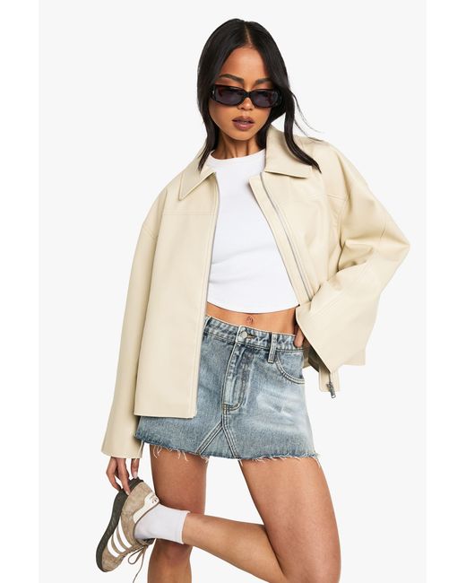 Chaqueta De Cuero Sintético Con Cremallera Boohoo de color Natural