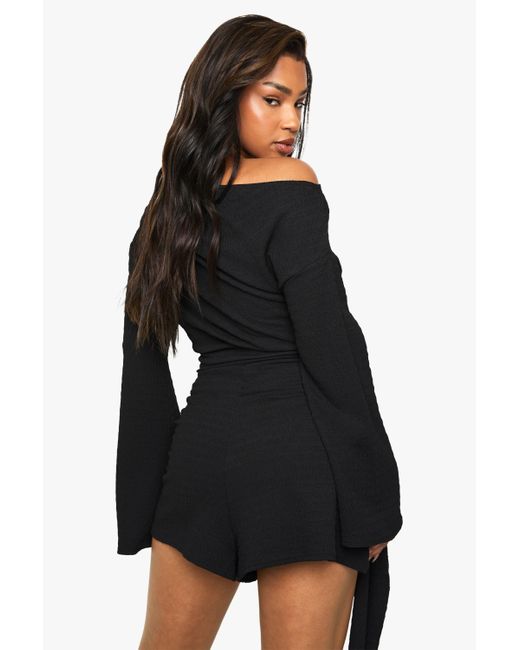 Boohoo Black Textured Asymmetric Romper