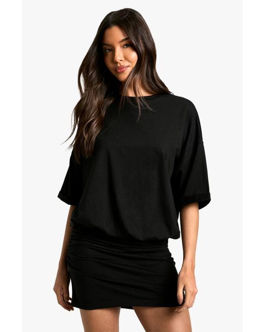 Boohoo Ruched T-Shirt Mini Dress in Black | Lyst