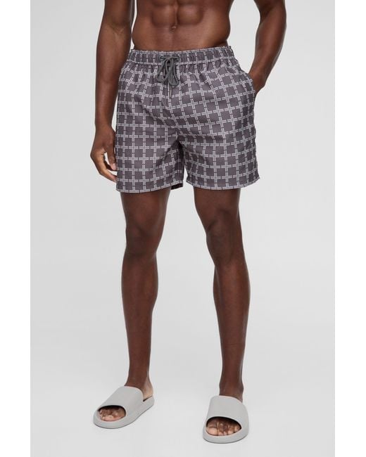 BoohooMAN Natural Mid Length Plaid Swim Trunks for men