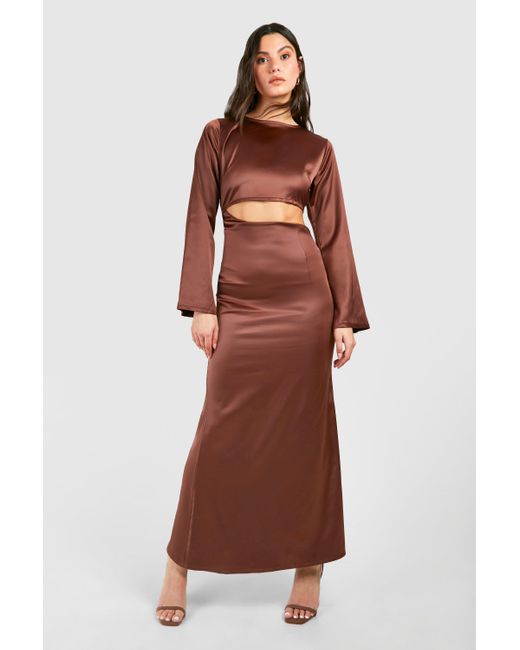 Satin Cut Out Long Sleeve Maxi Dress Boohoo de color Brown