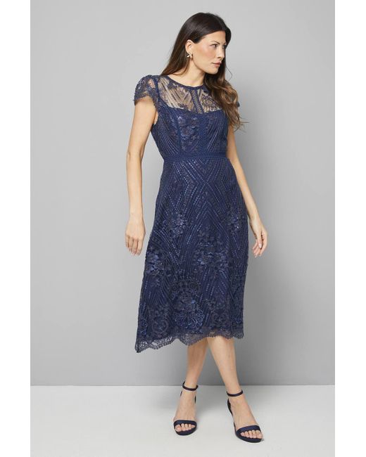 wallis fit and flare dress Wallis Women's Occasion Satin & Mesh Overlay Fit & Flare Dress in Navy | Size: 18