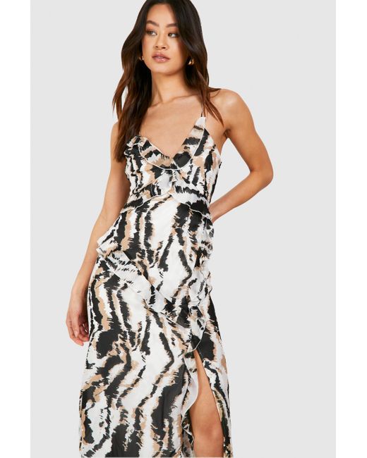 Tall Leopard Print Chiffon Ruffle Maxi Dress Boohoo de color White