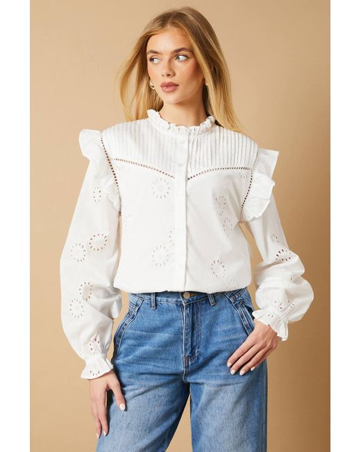 Oasis Blue Broderie Pintuck Button Through Top