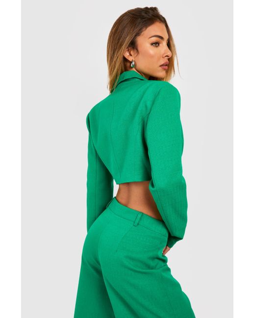 Boohoo Green Textured Pocket Detail Longline Crop Blazer