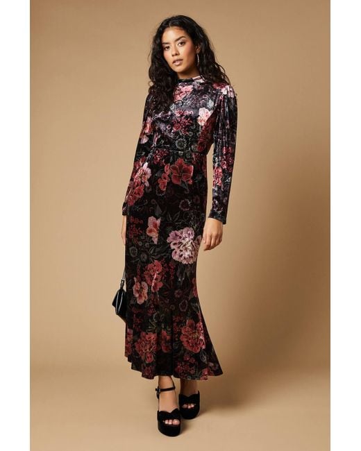 Oasis Brown Petite Printed Velvet Open Back Midaxi Dress