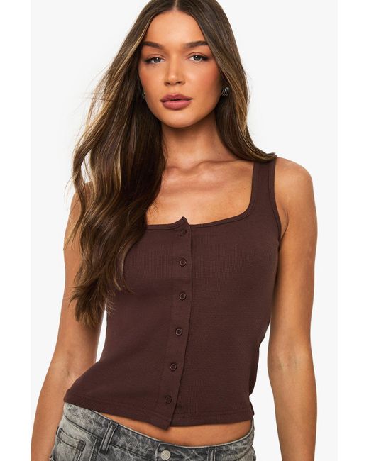Boohoo Purple Rib Button Through Square Neck Top