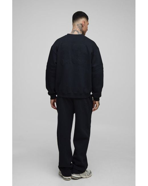 BoohooMAN Blue Tall Oversized Boxy V-Neck Varsity Applique Sweatshirt Tracksuit for men