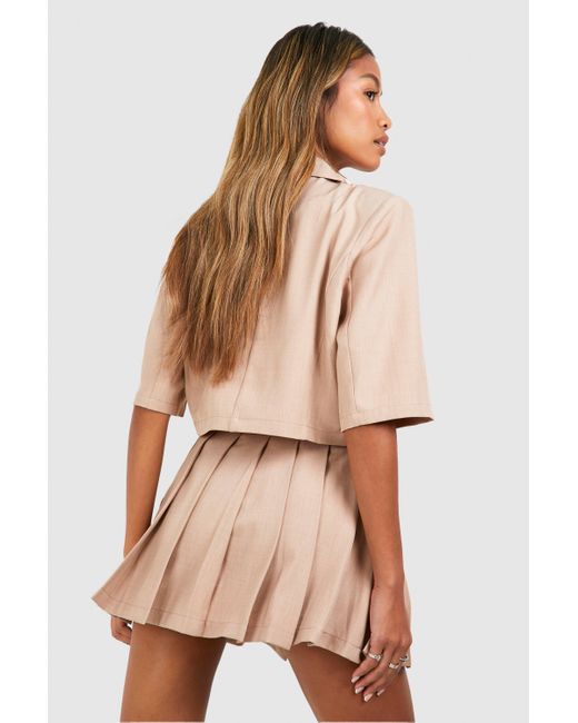Boohoo Natural Linen Look Pleated Micro Mini Skirt