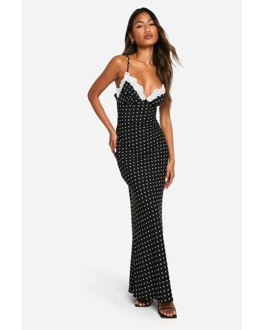 Boohoo Polka Dot Lace Trim Maxi Dress in Black | Lyst Boohoo Polka Dot Lace Trim Maxi Dress in Black | Lyst