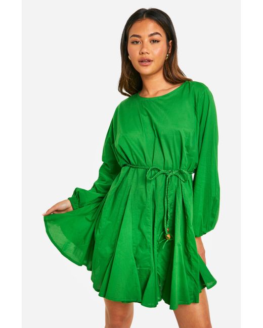 Boohoo Green Cotton Long Sleeve Godet Mini Dress
