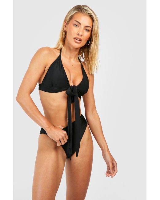 Boohoo Triangle Wrap Padded Bikini Top in Black | Lyst