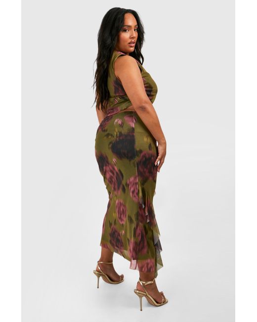 Boohoo Green Plus Floral Print Mesh Ruffle Detal Midaxi Skirt