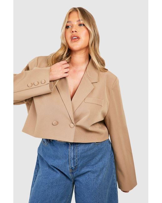 Boohoo Blue Plus Double Breasted Boxy Crop Blazer