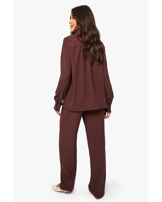 Boohoo Red Crinkle Button Through Shirt & Trouser Co-Ord