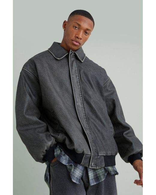 BoohooMAN Gray Oversized Distressed Pu Bomber With Panel for men