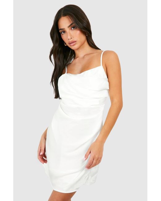 Boohoo White Petite Satin Draped Mini Slip Dress