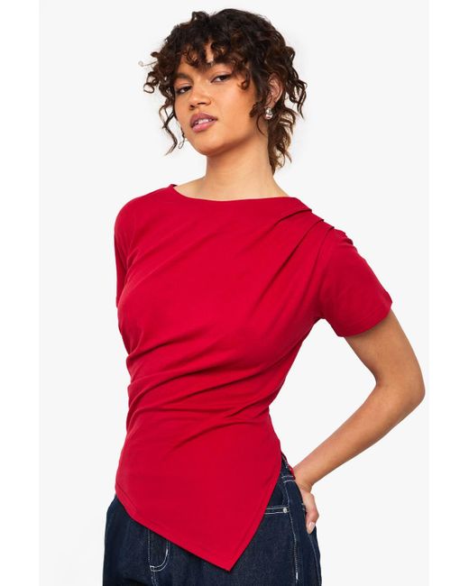 Boohoo Red Asymmetric Hem Cinched Waist T-Shirt