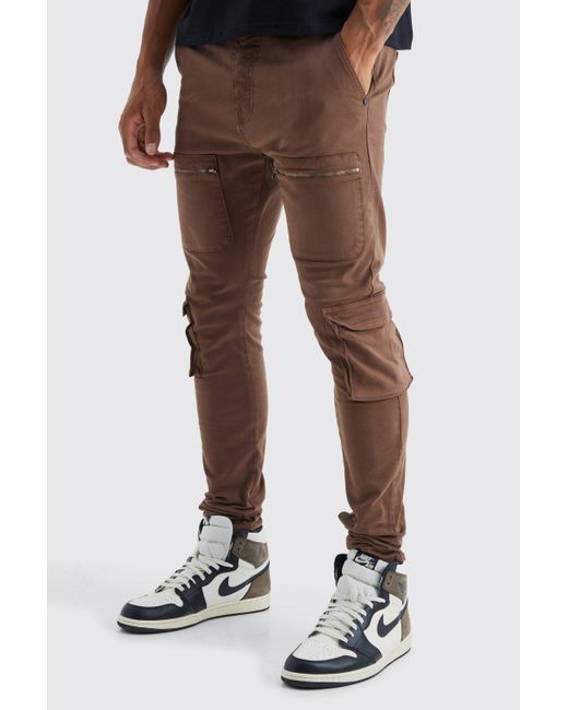 Boohoo Brown Tall Fixed Waist Skinny Multi Zip Cargo Trouser