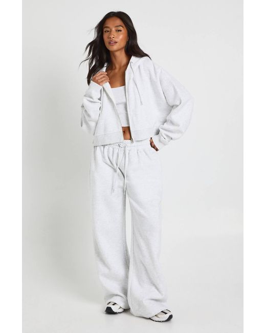 Boohoo Gray Petite Deep Hem Crop Top 3 Piece Hooded Tracksuit