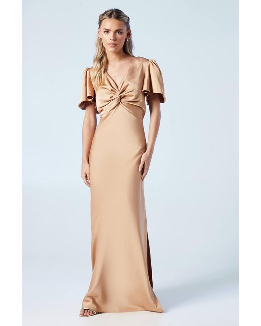 Oasis Brown Petite Twist Front Angel Sleeve Maxi Bridesmaid Dress