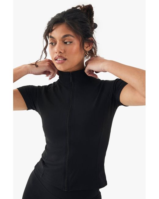 Boohoo Black Dsgn Studio Super Soft Peached Sculpt Zip Through Short Sleeve Top