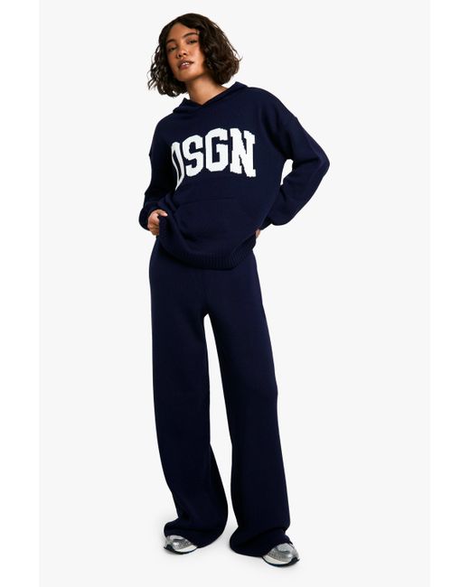 Boohoo Blue Tall Dsgn Knitted Contrast Hoodie And Wide Leg Trouser Co Ord