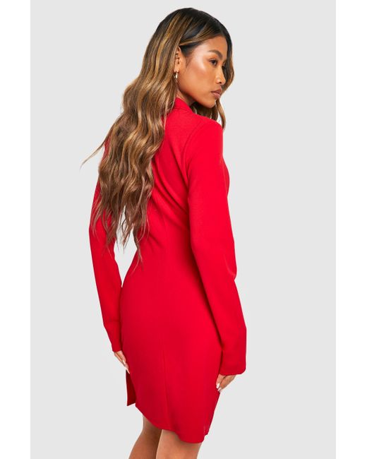 Boohoo Red Ruched Drape Long Sleeve Blazer Dress